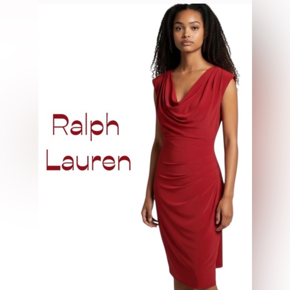 NWT Lauren Ralph Lauren Draped Neck Ruched Jersey Dress Sz 10 Orange Zest
